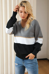 Outfit Flow - Color Block V Neck Long Sleeve Sweater