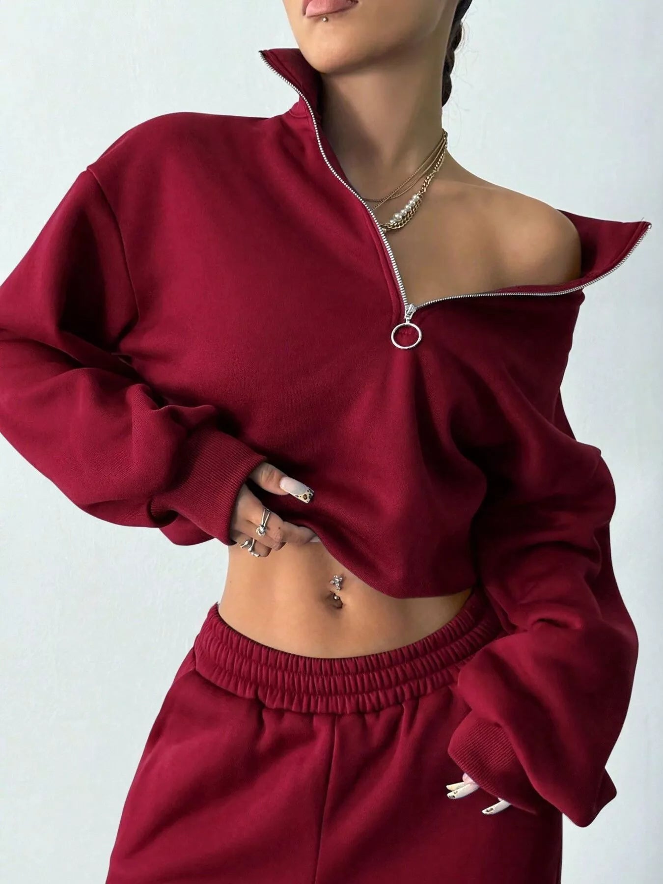 Half-Zip Long Sleeve Sweatshirt and Pants Set Burgundy OutfitFlow