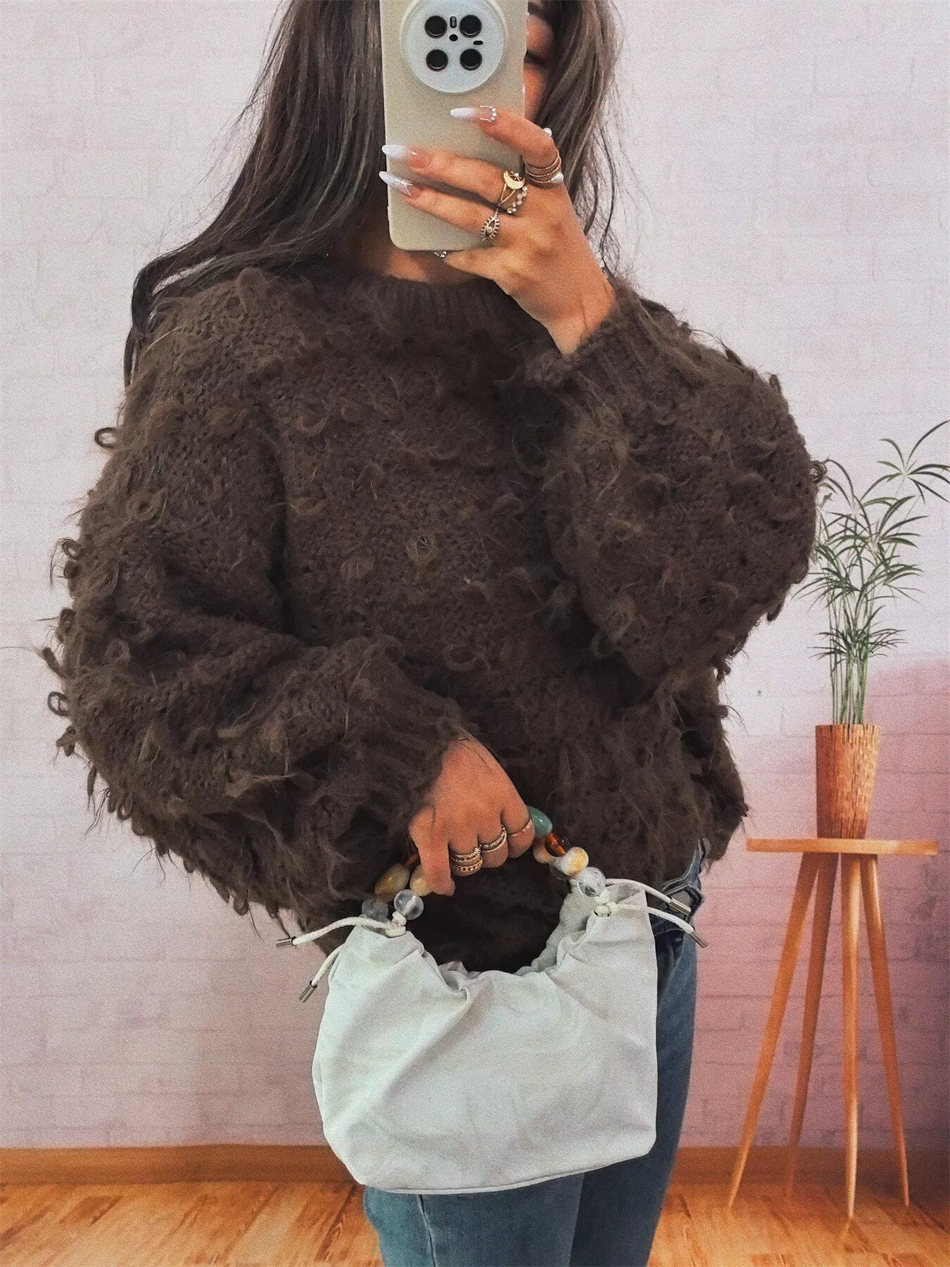 Chunky Round Neck Long Sleeve Sweater OutfitFlow