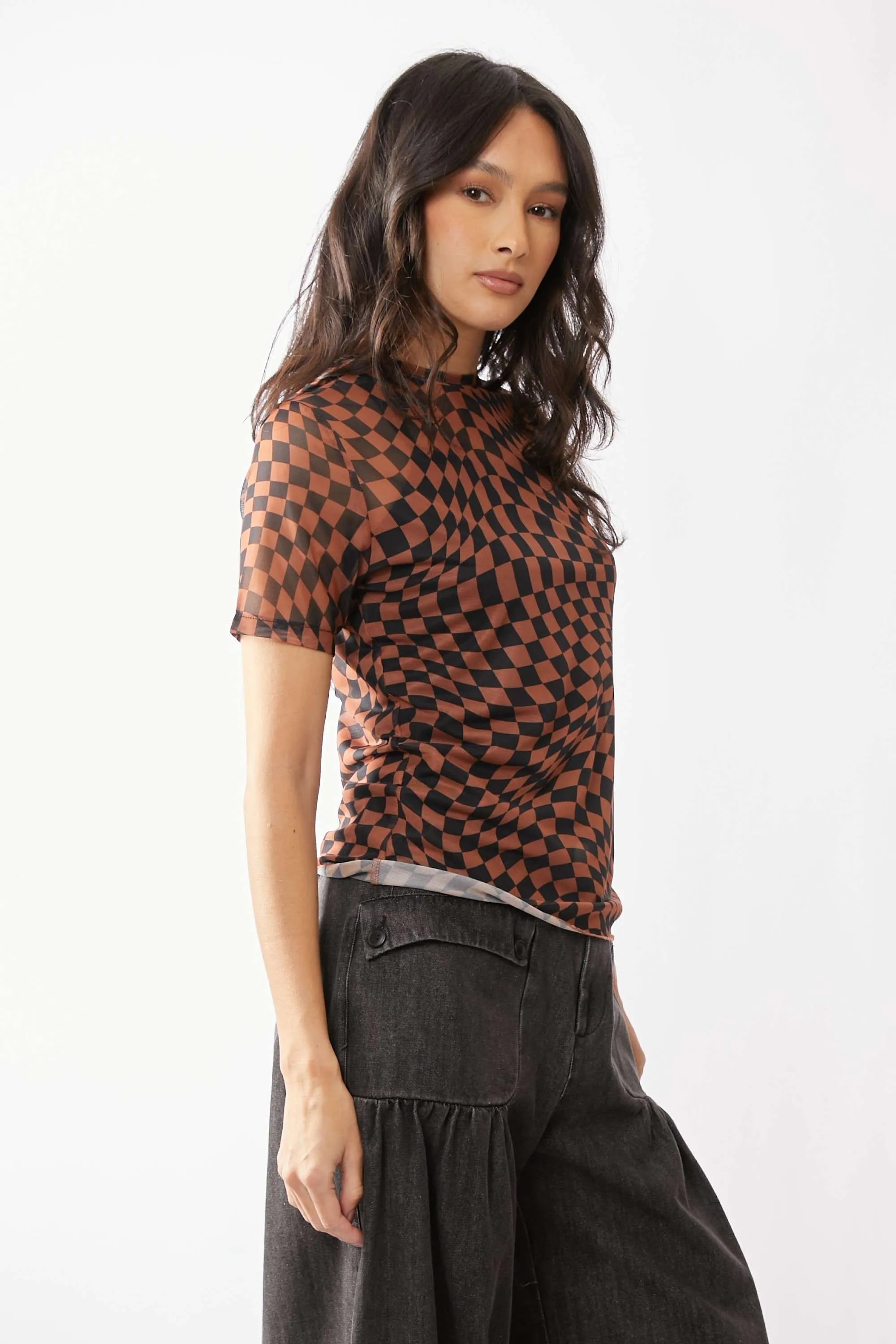 Davi & Dani Checker Board Printed Mesh Short Sleeve Top OutfitFlow