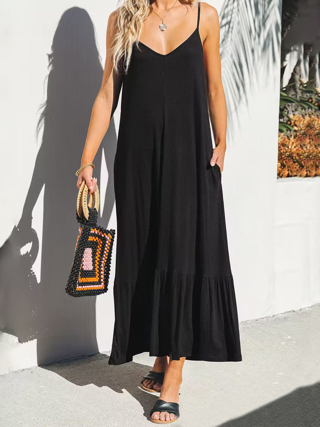 V-Neck Ruffled Hem Midi Cami Dress Black OutfitFlow