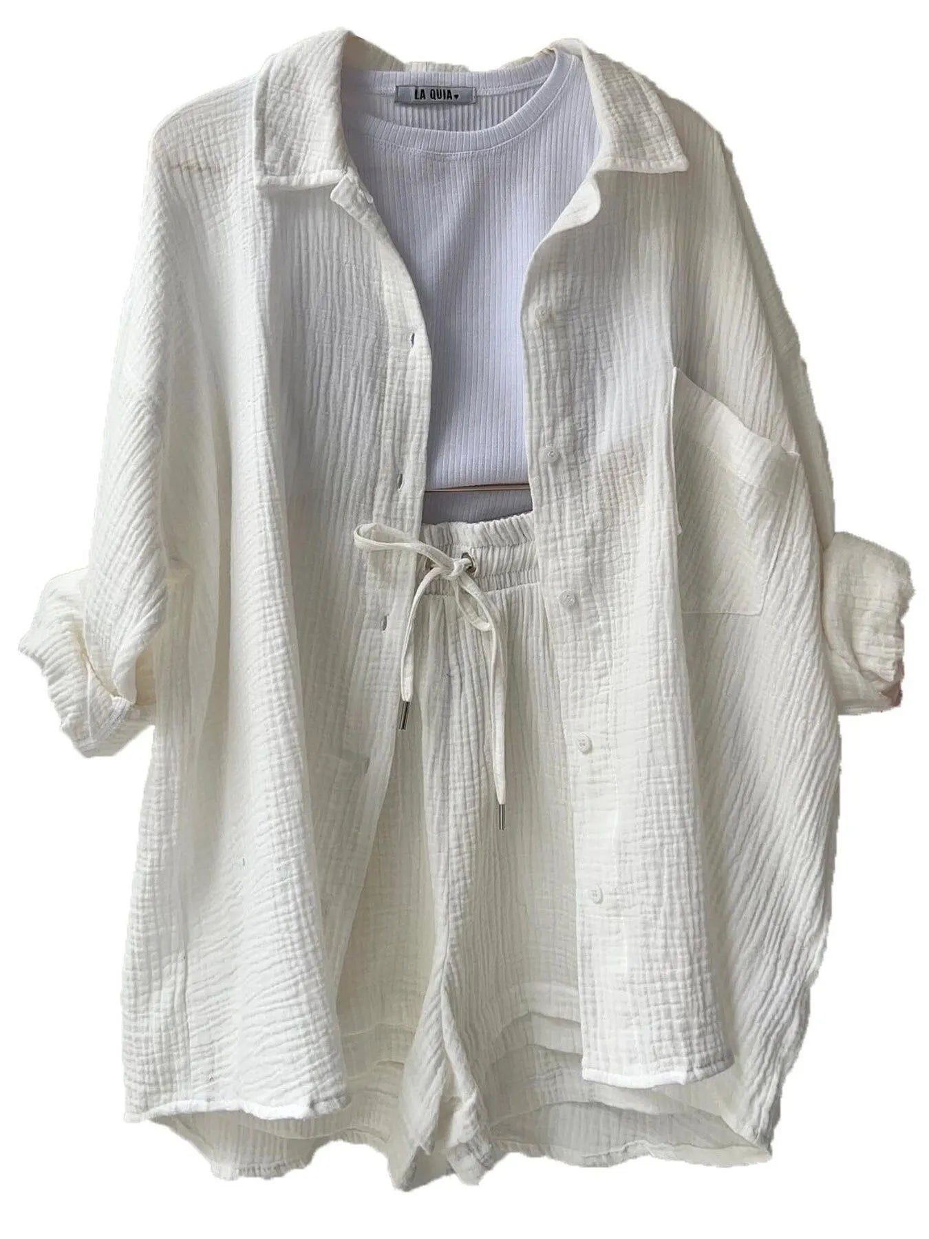 Textured Button Up Shirt and Shorts Set White OutfitFlow