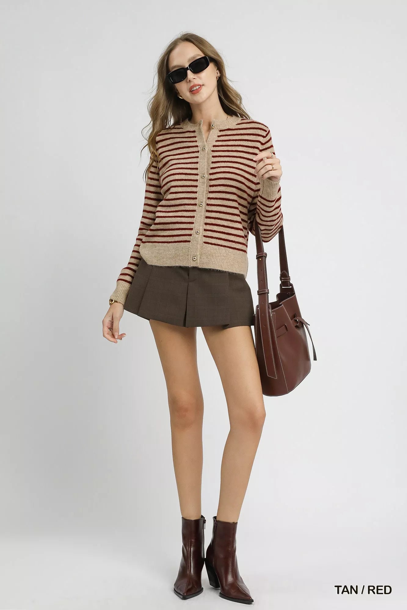 Umgee Striped Button-Up Knit Cardigan OutfitFlow