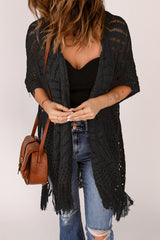 Fringe Hem Slit Open Front Cardigan