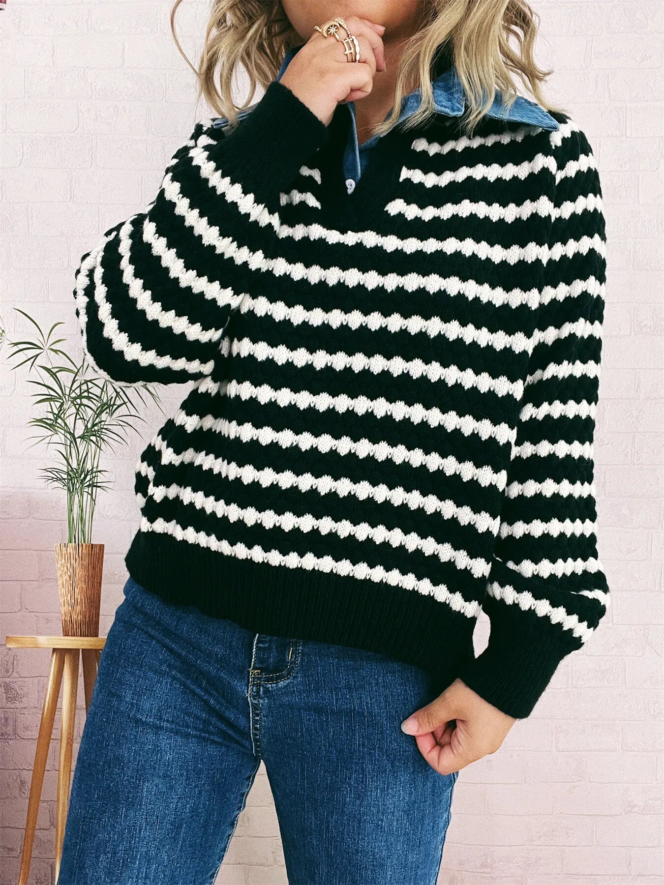 Contrast Striped Sweater with Denim Collar OutfitFlow