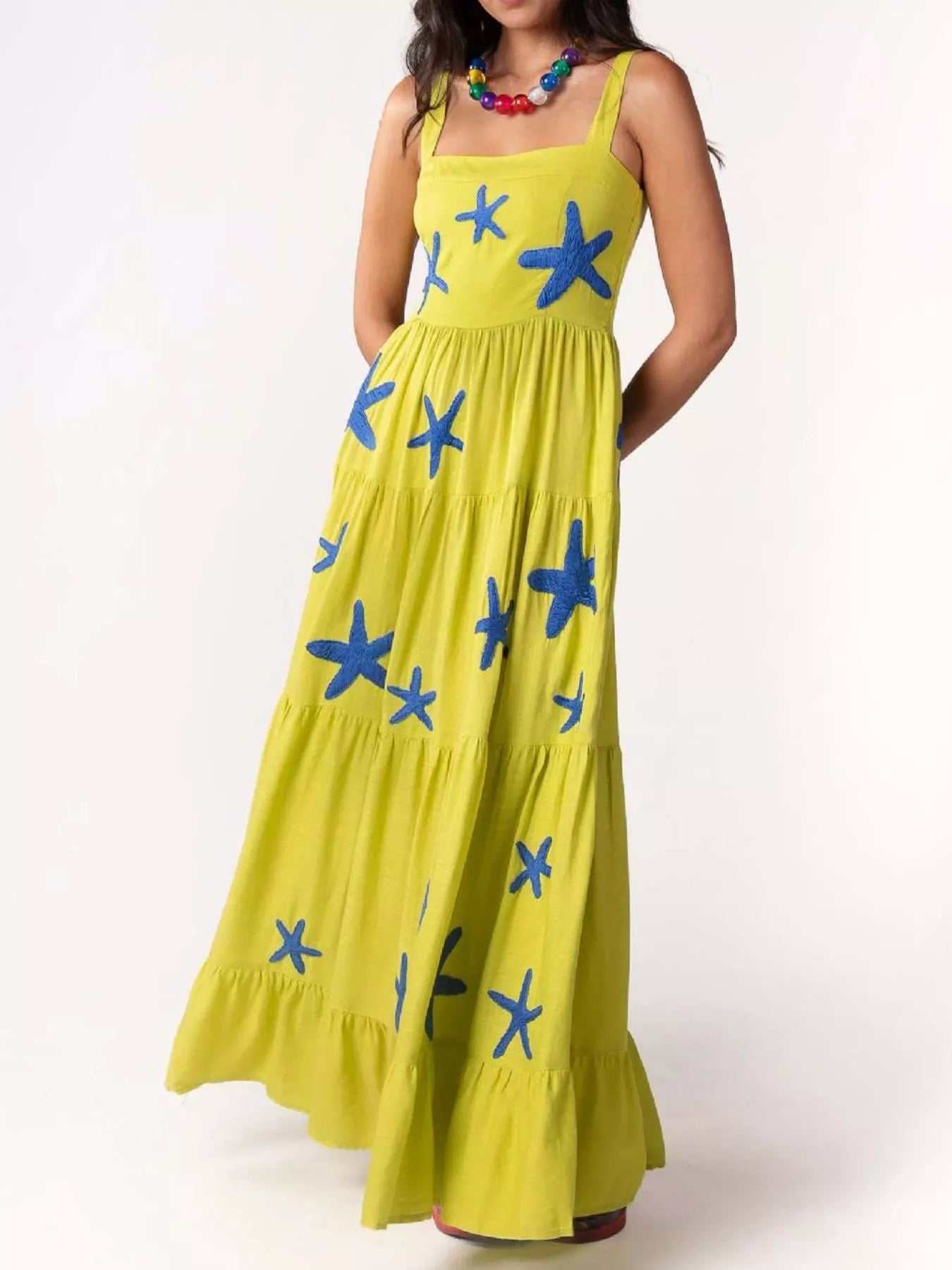 Embroidered Square Neck Tiered Maxi Cami Dress OutfitFlow