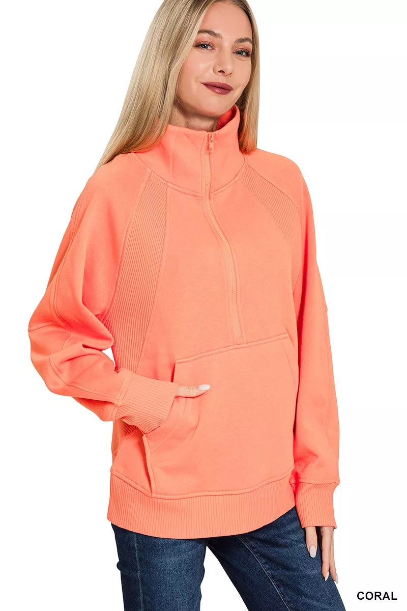 Zenana Half Zip Fleece Sweatshirt with kangaroo Pocket OutfitFlow