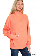 Zenana Half Zip Fleece Sweatshirt with kangaroo Pocket OutfitFlow