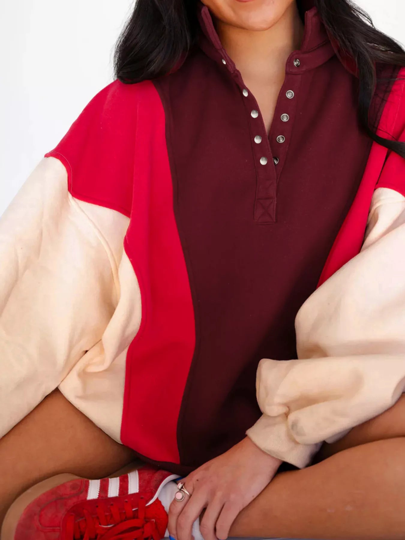 Color Block Patchwork Snap Button Oversize Hoodie OutfitFlow