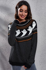Ghost Pattern Round Neck Long Sleeve Sweater OutfitFlow