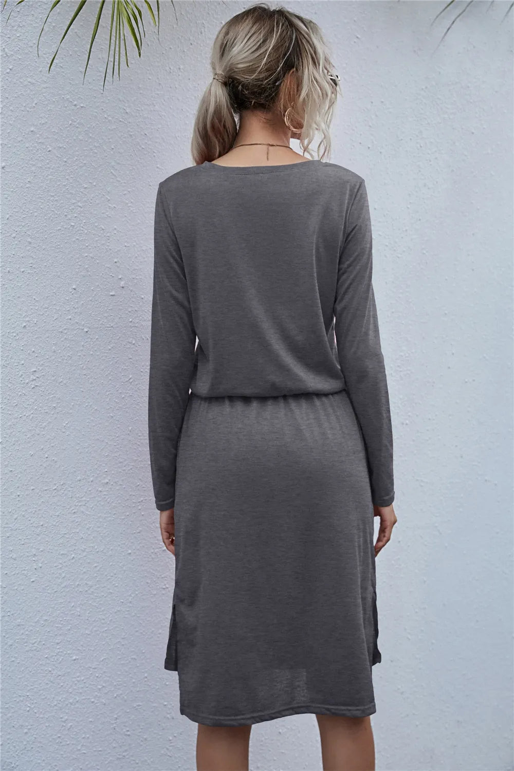 Drawstring Waist Round Neck Long Sleeve Dress OutfitFlow