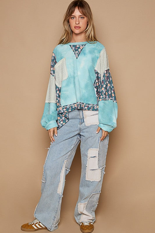 Outfit Flow - POL Floral Patchwork Round Neck Knit Top