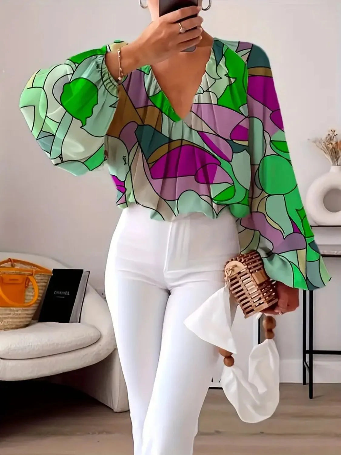 Printed V-Neck Long Sleeve Blouse Gum Leaf OutfitFlow