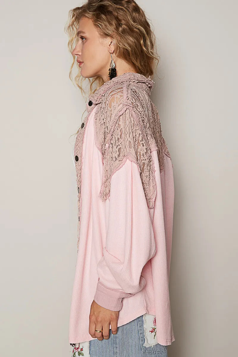 POL Lace Patchwork Button Up Shacket OutfitFlow