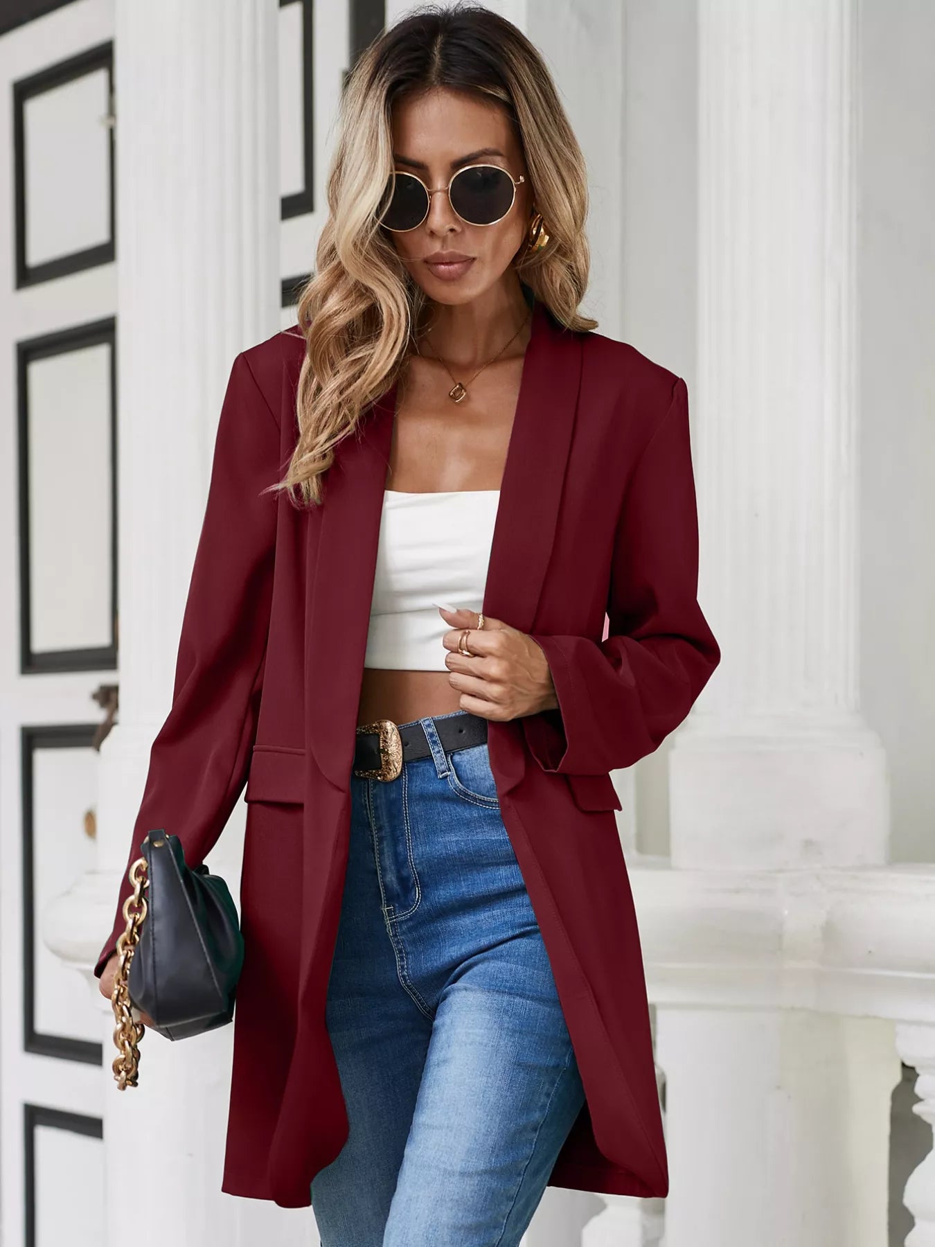 Lapel Collar Long Sleeve Blazer OutfitFlow