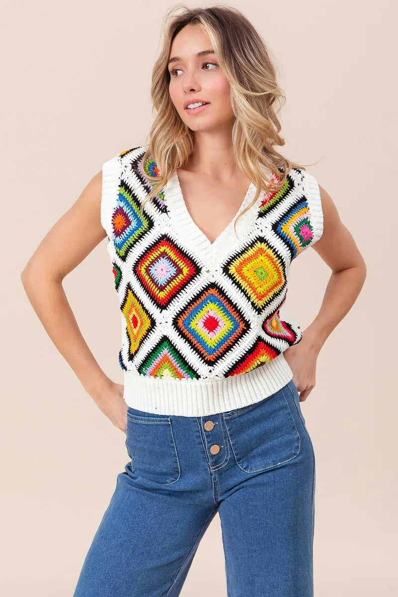 BiBi Diamond Granny Square Sweater Vest OutfitFlow