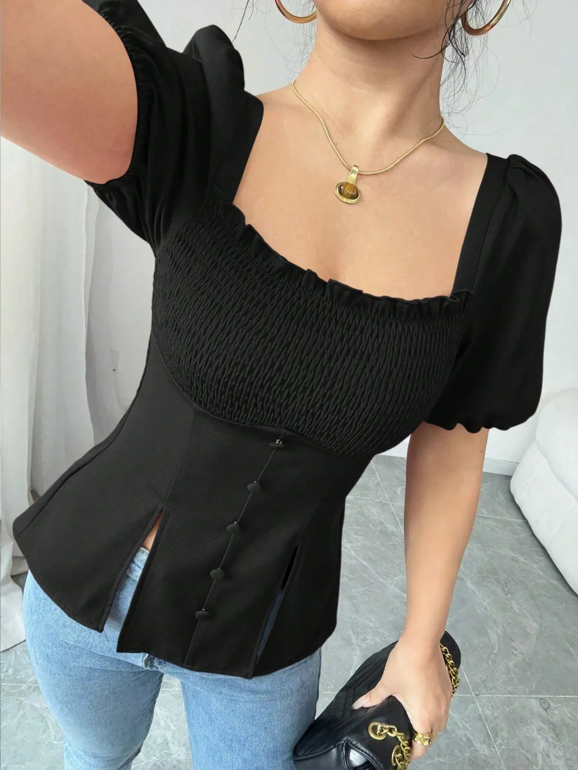 Slit Square Neck Short Sleeve Blouse OutfitFlow