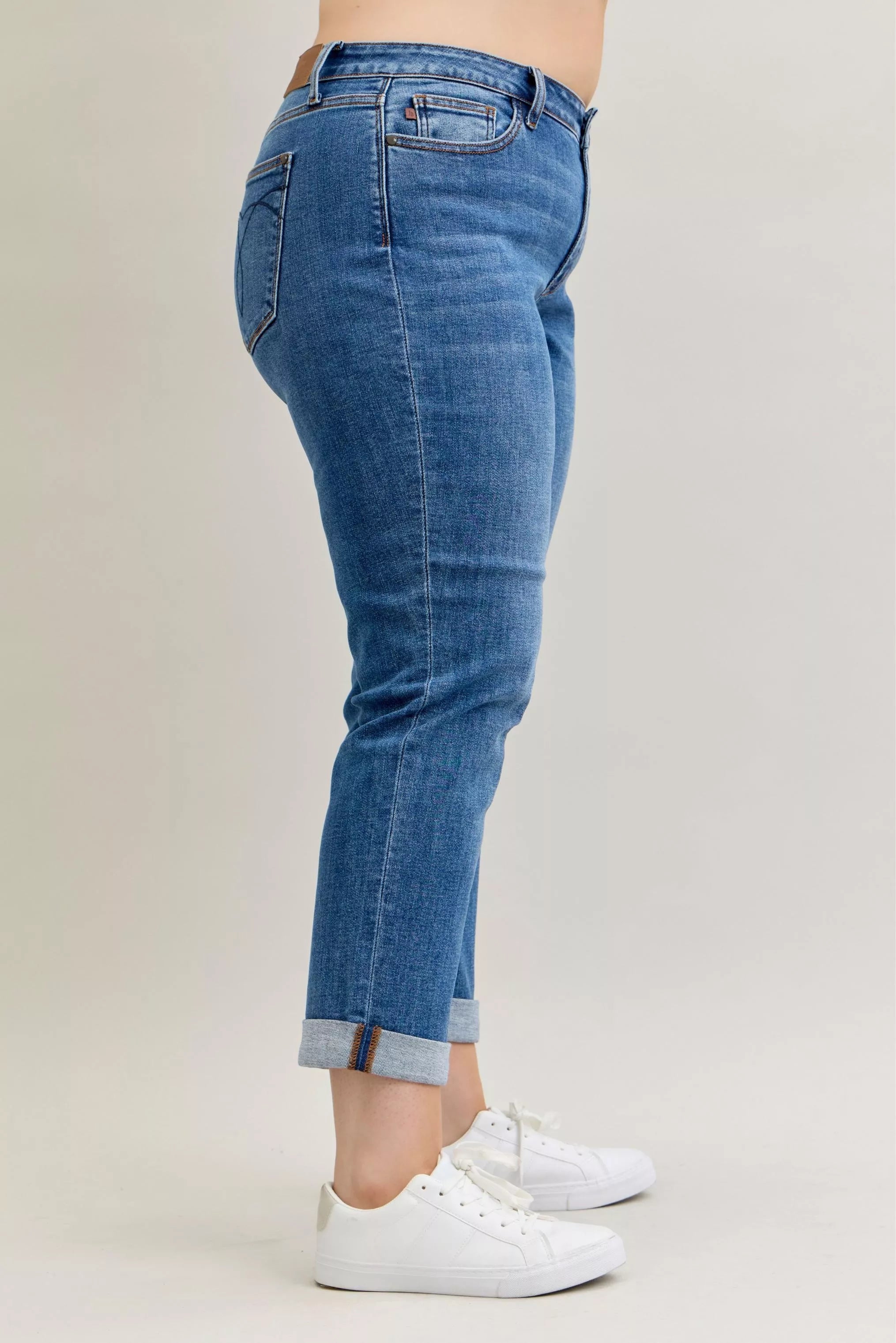 Judy Blue Full Size Mid Rise BF Classic Cuffed Jeans Plus Size OutfitFlow
