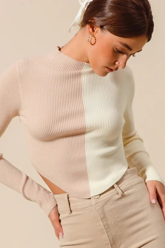 SO ME Color Block Fitted Crop Sweater Top OutfitFlow