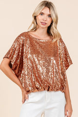Mittoshop Sequin Short Sleeve Elastic Band Hem Top OutfitFlow