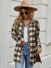 Outfit Flow - Leopard Trim Plaid Collared Neck Long Sleeve Shirt