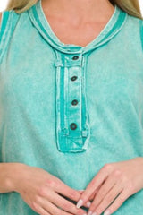 Zenana Washed Half-Button Raw Edge Sleeveless Henley Top OutfitFlow