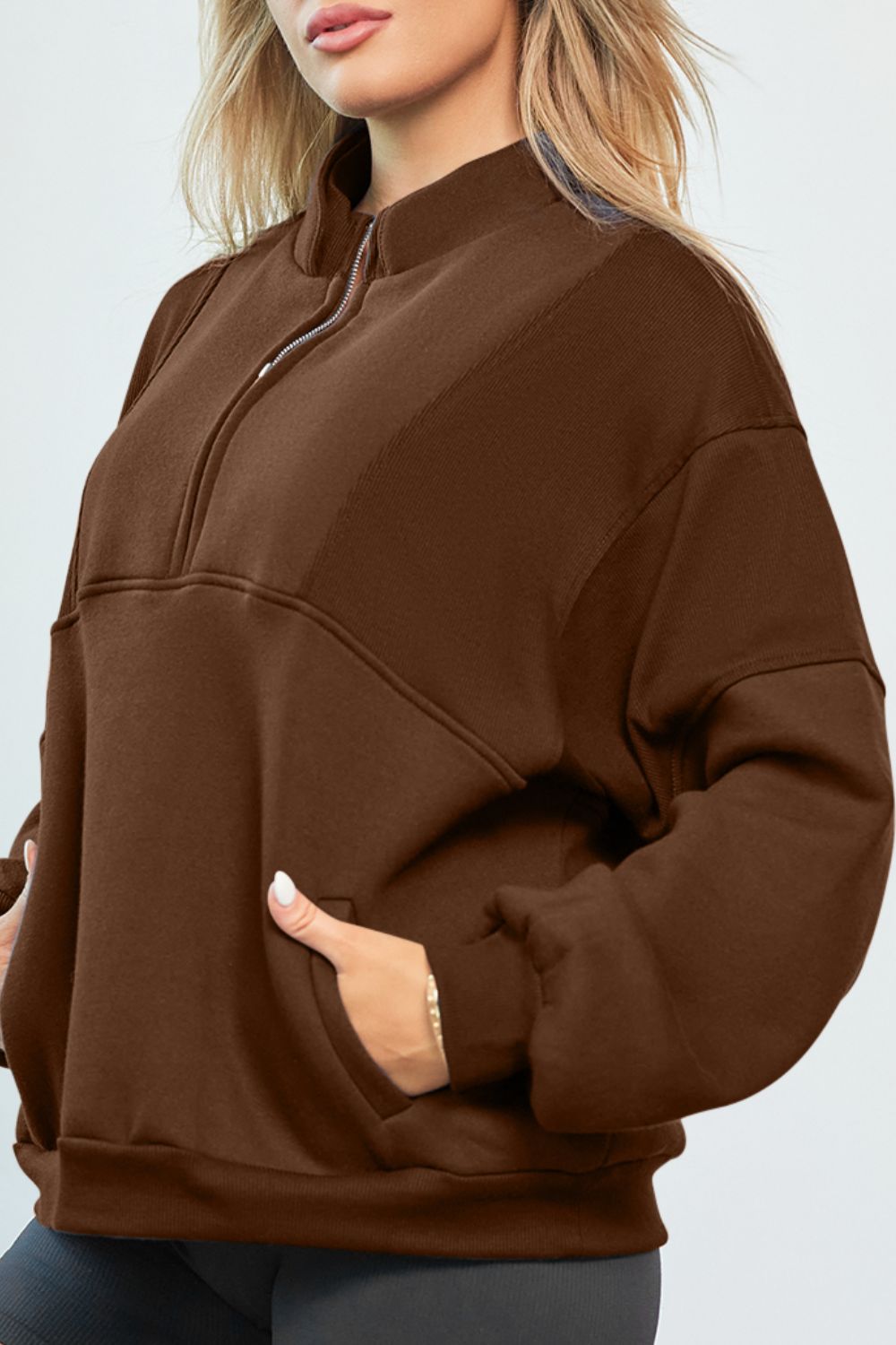 Half Zip Drop Shoulder Long Sleeve Sweatshirt OutfitFlow