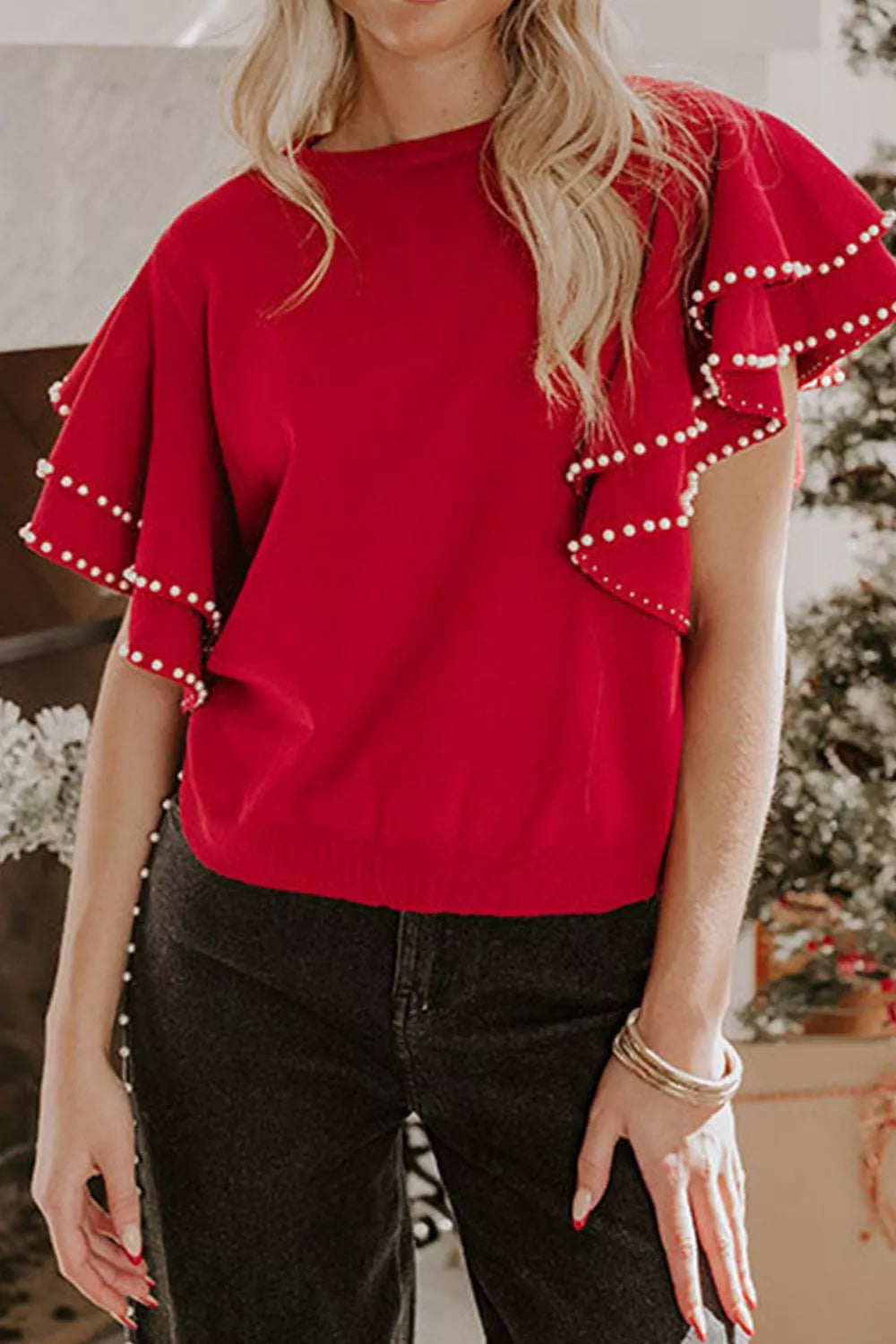 Ruffle Sleeve Pearl Embellished Knit Top OutfitFlow