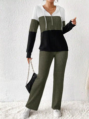 Color Block Half Zip Hooded Top and Pants Set OutfitFlow