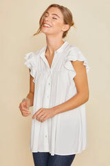 Annie Wear Ruffle Sleeve Shirred Flowy Woven Tunic Shirts OutfitFlow