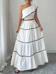 One-Shoulder Ruffle Top and Skirt Two-Piece Set OutfitFlow