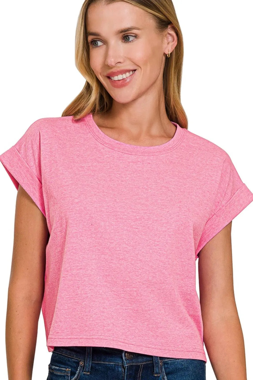 Zenana Rolled Sleeve Crop T-Shirt H HOT PINK OutfitFlow