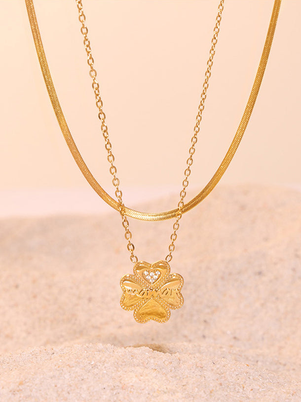 Outfit Flow - 2 Piece 18K Gold-Plated Inlaid Zircon Lucky Clover Necklace