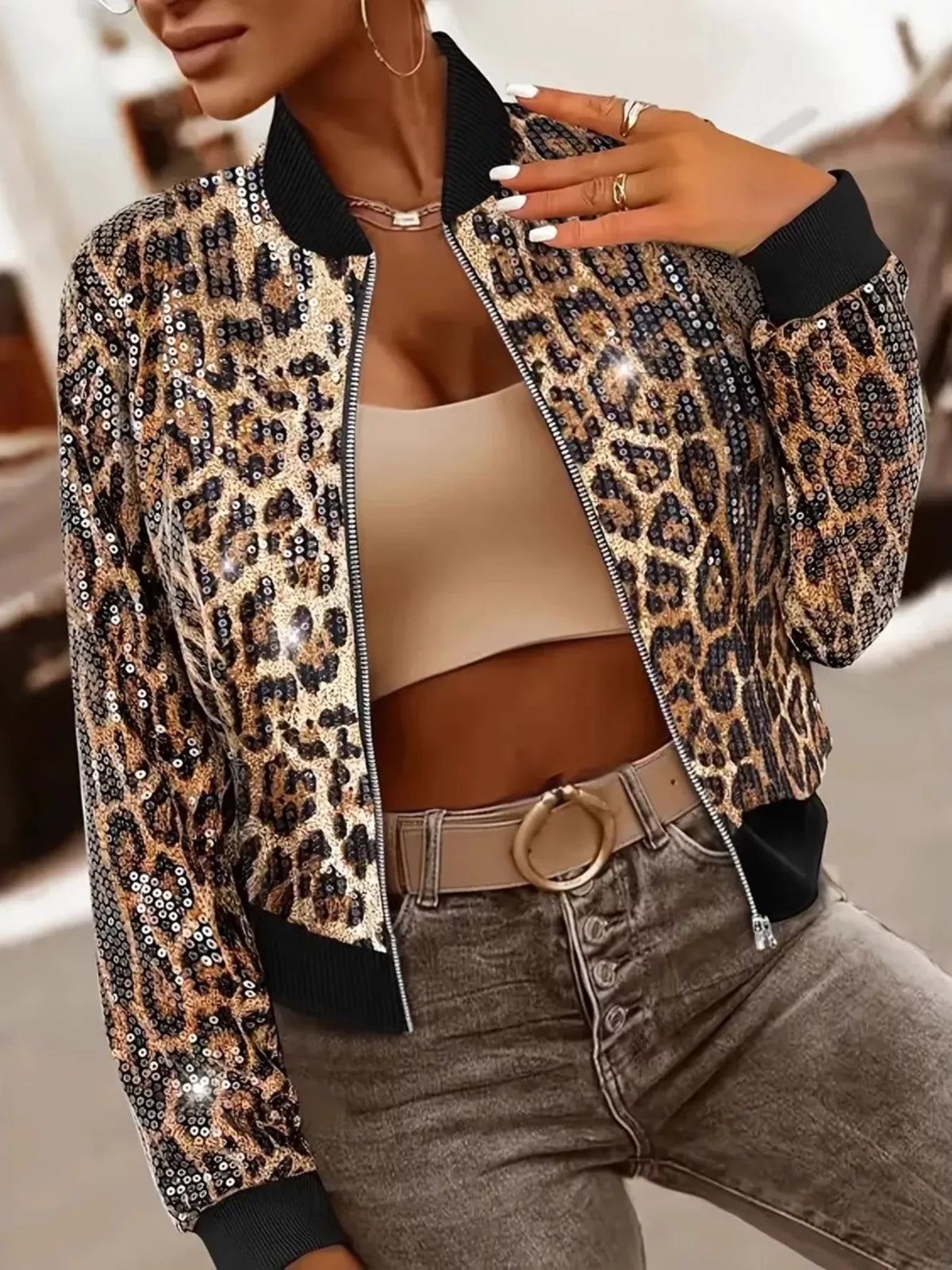 Sequin Leopard Zip Up Jacket Khaki Trendsi