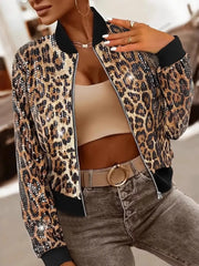 Sequin Leopard Zip Up Jacket Khaki Trendsi