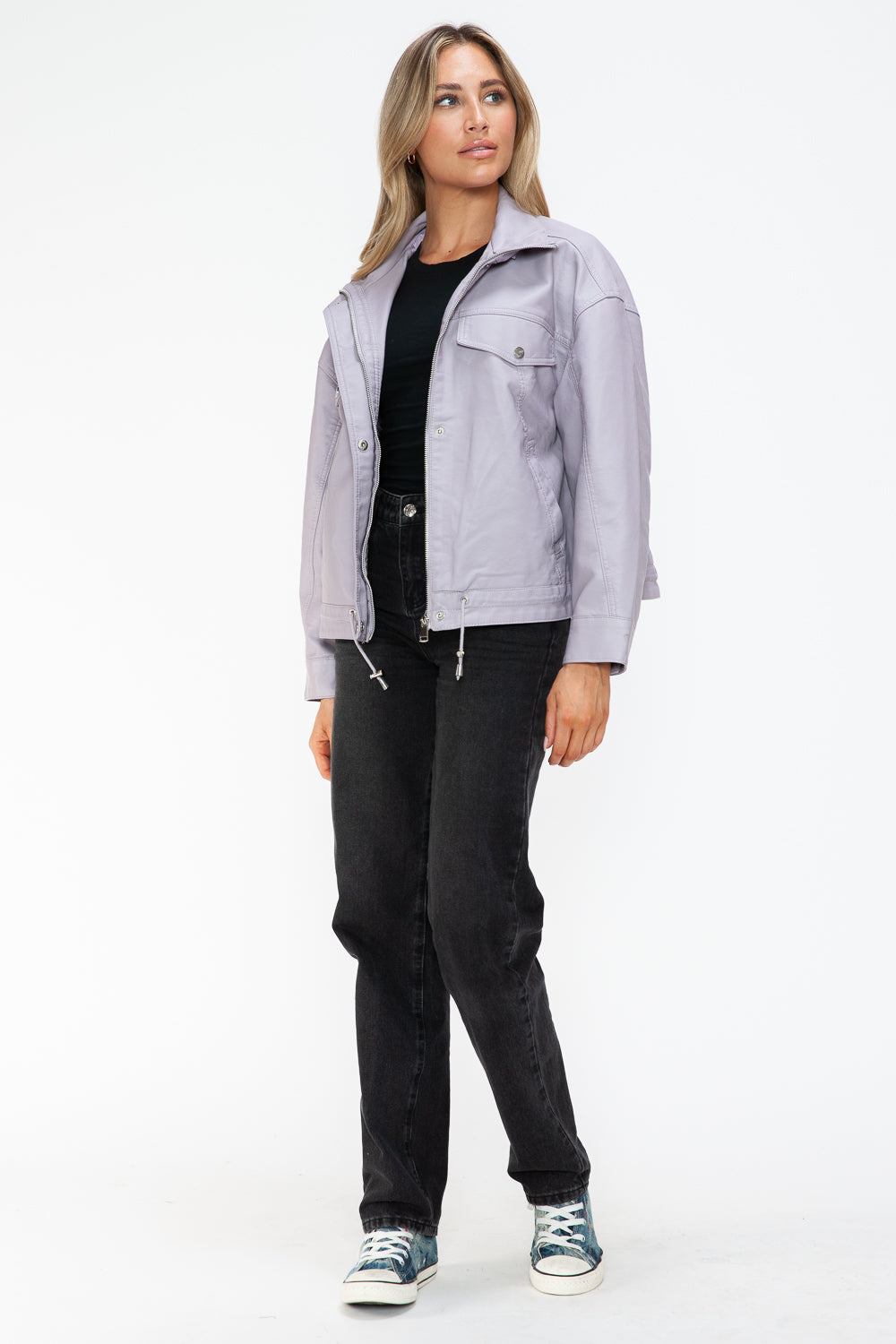 Outfit Flow - How Dare U Drawstring Hem PU Leather Zip Up Jacket