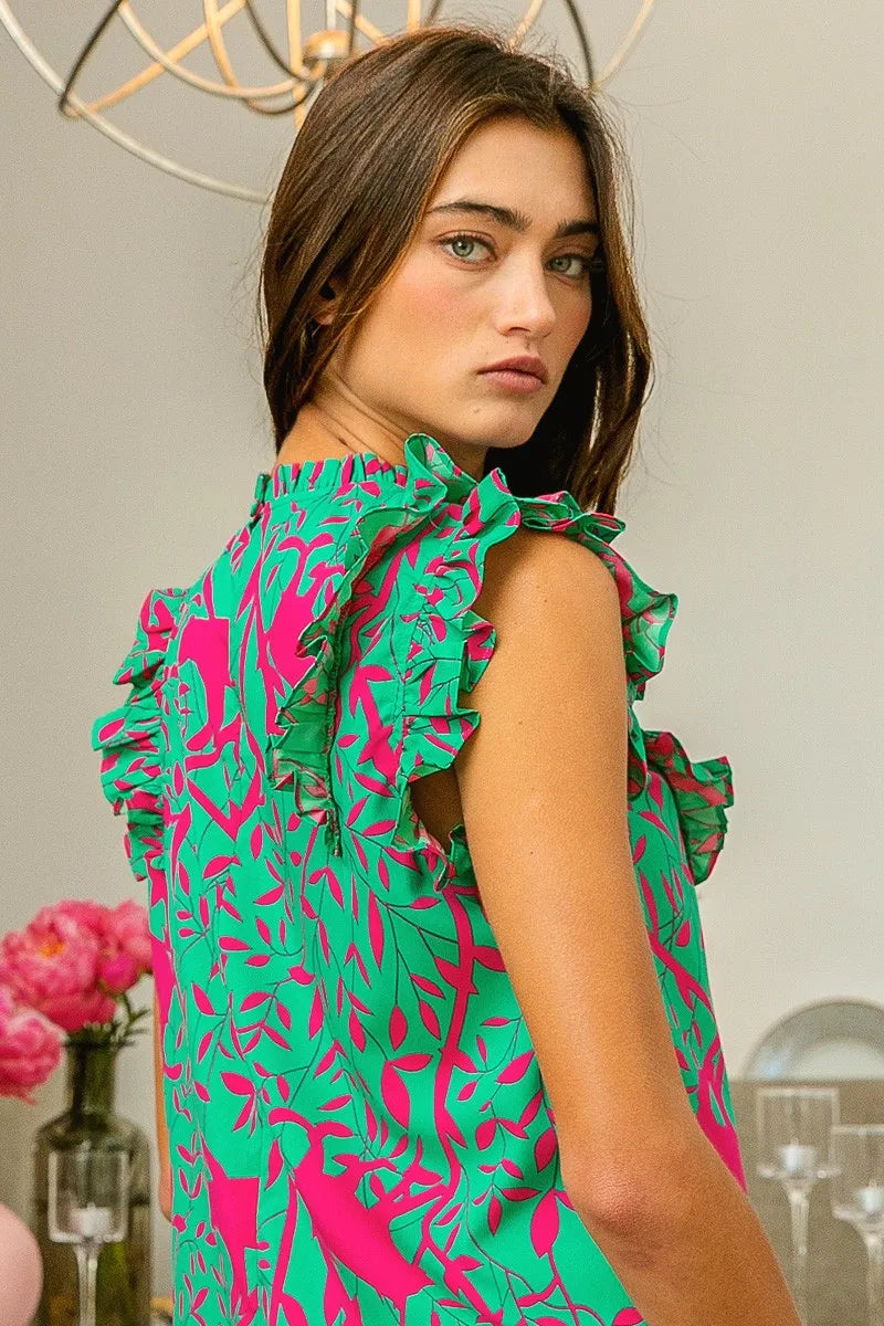 BiBi Leopard Leaves Print Woven Top OutfitFlow