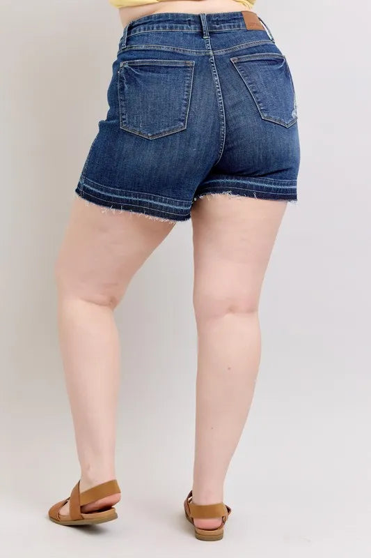 Judy Blue Full Size High Waist Tummy Control Destroy Release Hem Denim Shorts Plus Size OutfitFlow