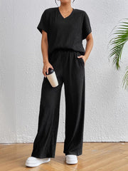 V-Neck Short Sleeve Top and Pants Set Black OutfitFlow