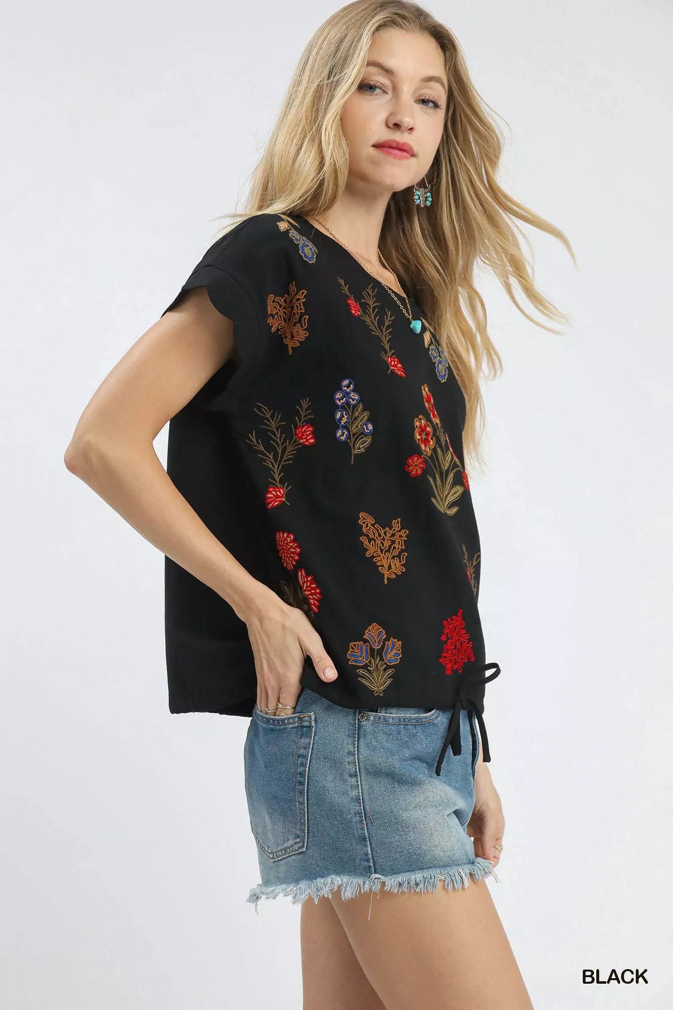 Umgee Embroidered Scallop Sleeve Top with Drawstring Hem OutfitFlow