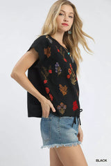 Umgee Embroidered Scallop Sleeve Top with Drawstring Hem OutfitFlow