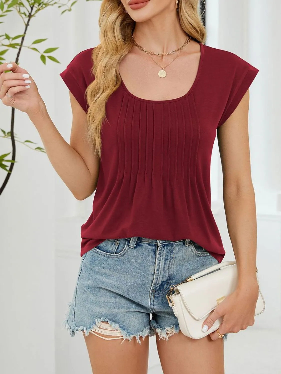 Pleated Front Scoop Neck T-Shirt Burgundy OutfitFlow