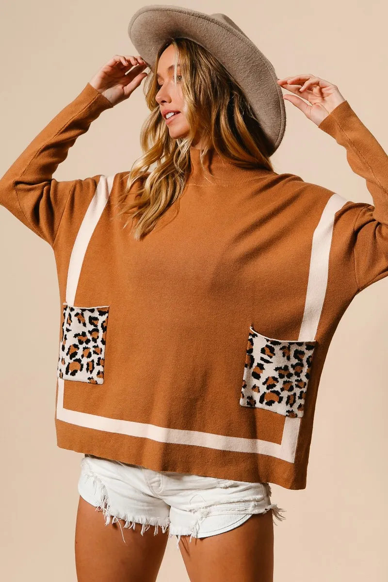 BiBi Mock Neck Sweater with Leopard Pocket OutfitFlow