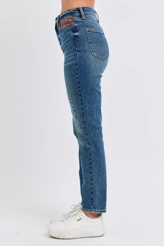 Judy Blue Full Size HW Plaid Patch Slim Fit Jeans Plus Size OutfitFlow