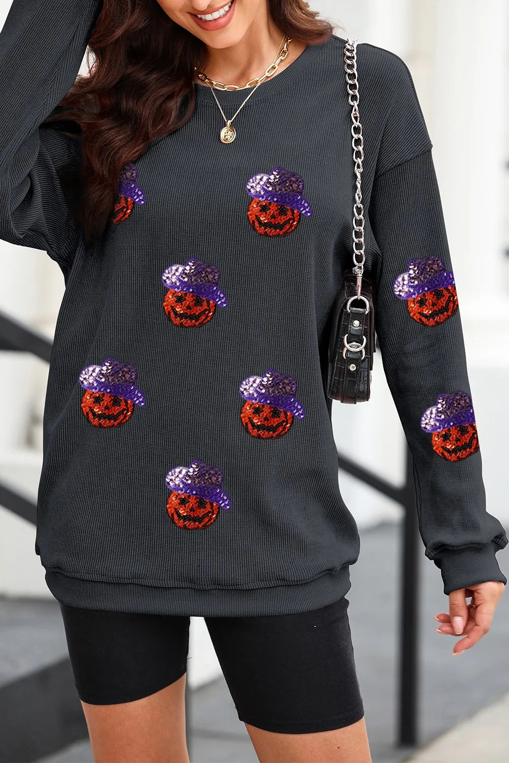 Sequin Pumpkin Long Sleeve Sweatshirt OutfitFlow