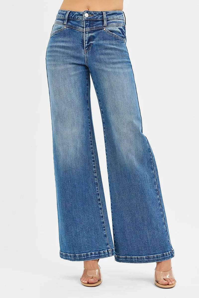 RISEN High Rise Wide Leg Jenas with Front Yoke and Heart Back Pocket OutfitFlow