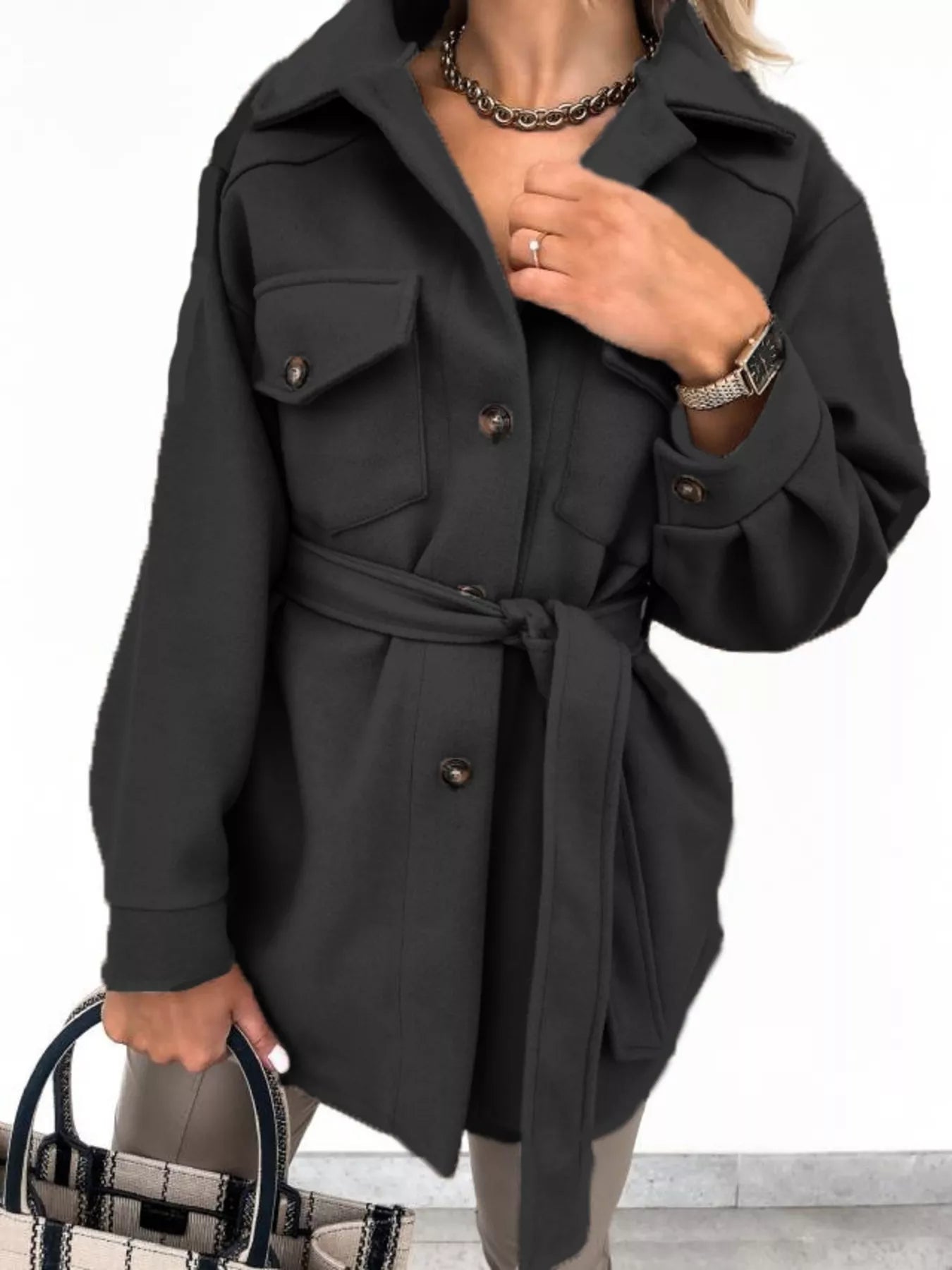 Button-Down Tie Waist Coat OutfitFlow