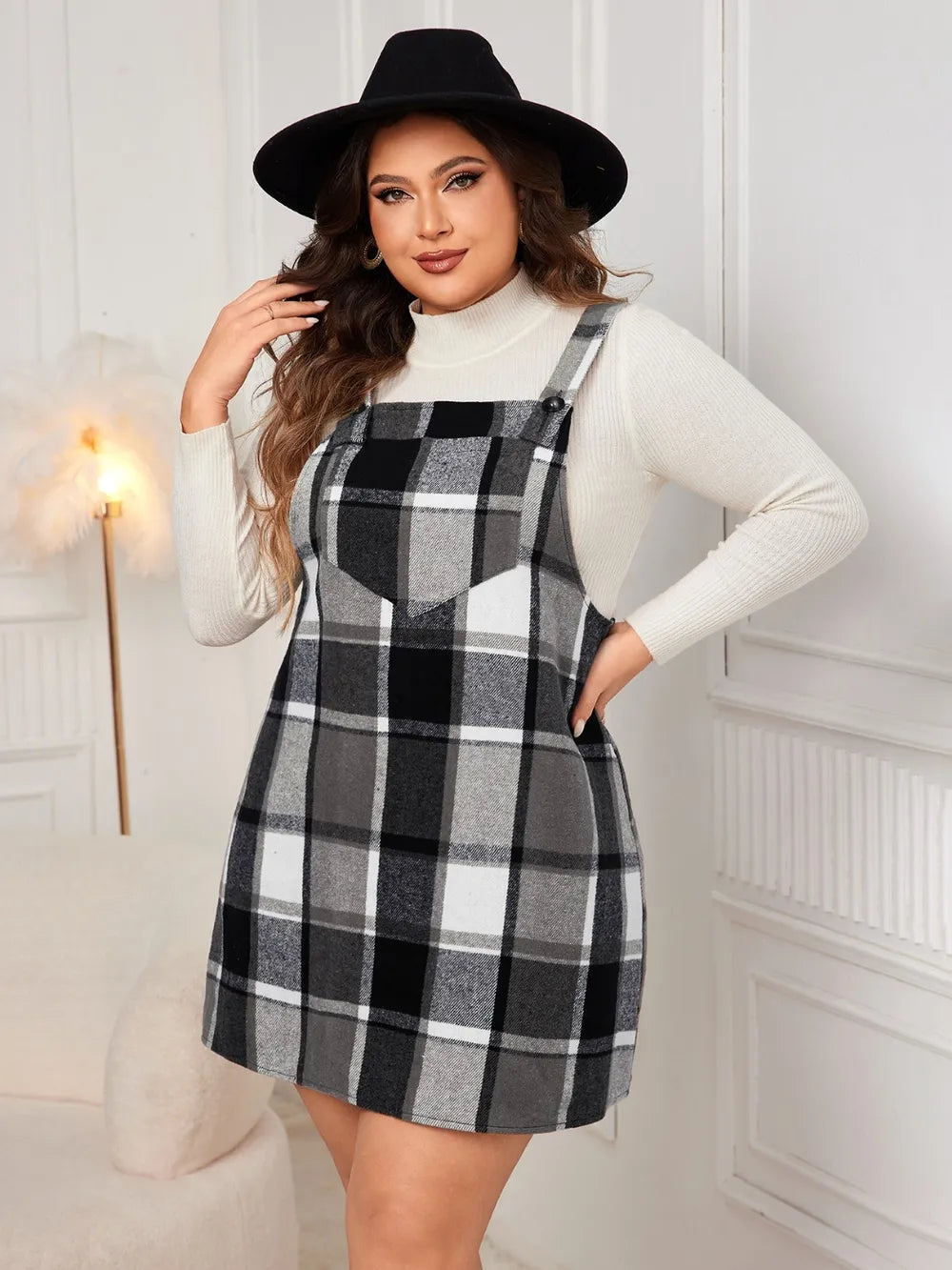Honey Plus Size Plaid Wide Strap Overall Dress OutfitFlow