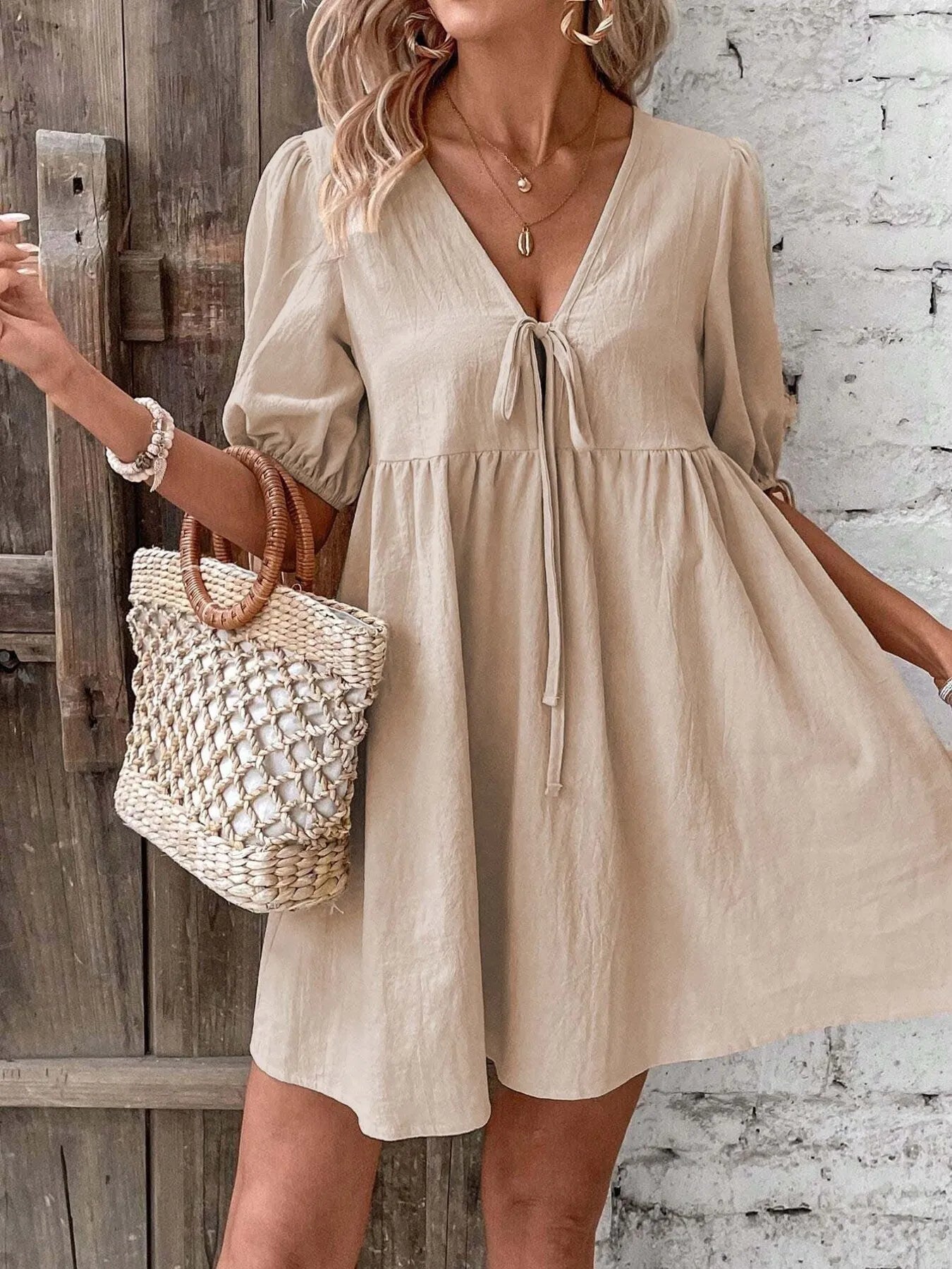 V-Neck Tie-Front Mini Dress with Puff Sleeves OutfitFlow