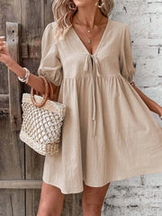 V-Neck Tie-Front Mini Dress with Puff Sleeves OutfitFlow